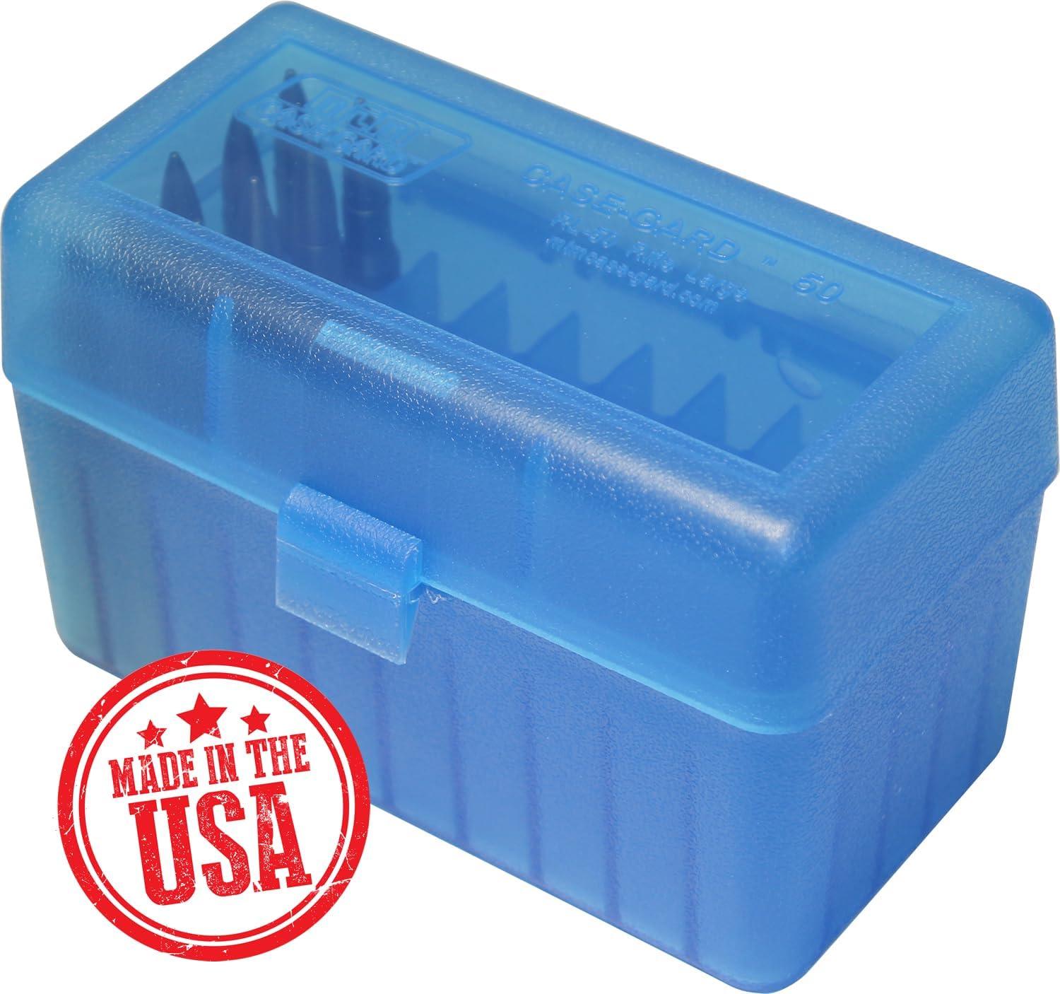 image:imageMTM 50 Round FlipTop Rifle Ammo Box 270 Win 280 Rem 3006 Clear GreenClear Blue