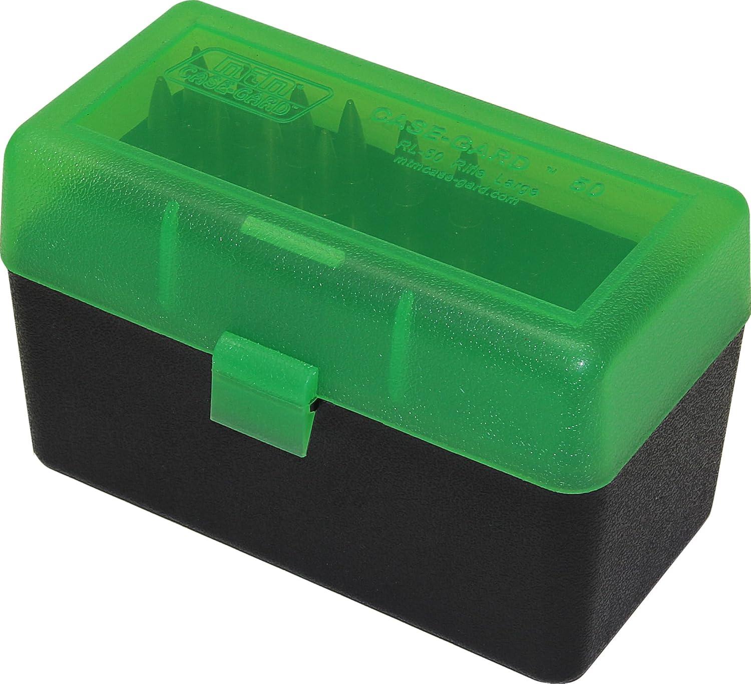 image:imageMTM 50 Round FlipTop Rifle Ammo Box Large Mag Clear GreenBlackClear Green Black