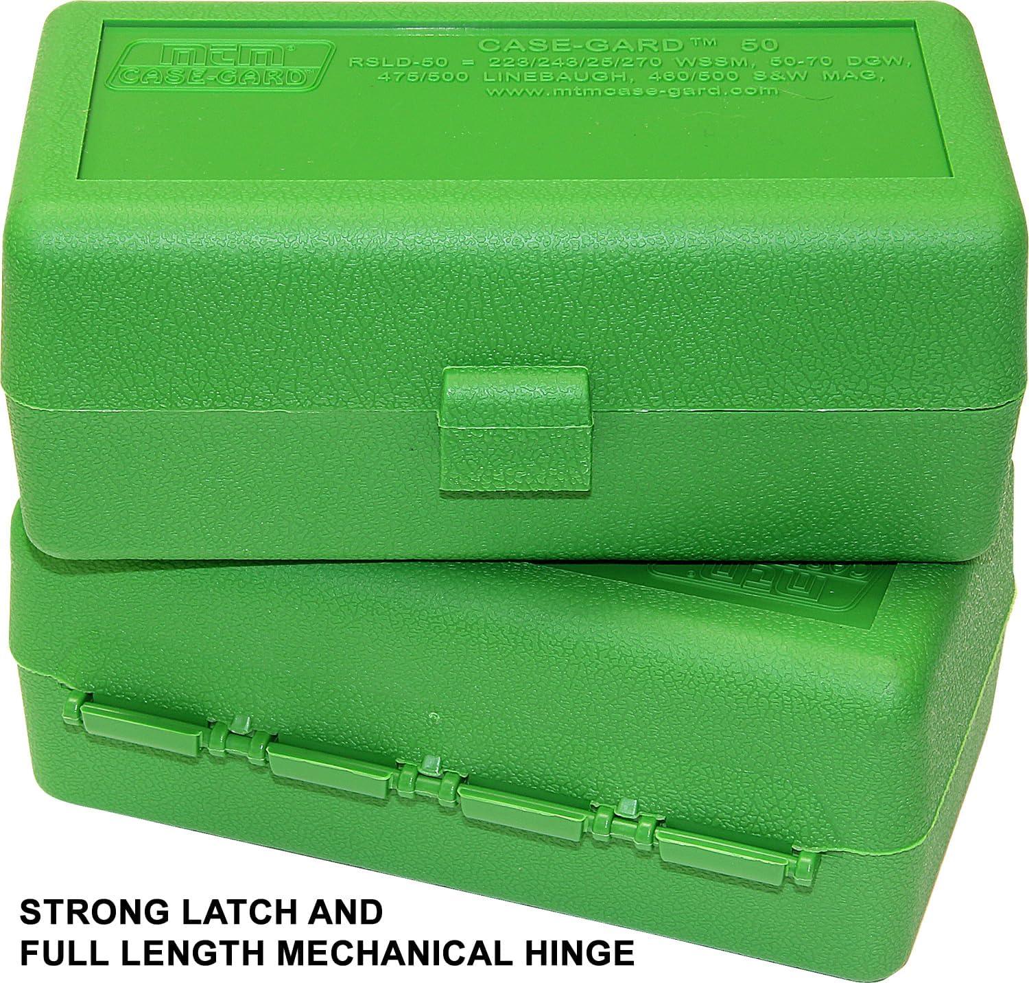 image:imageMTM 50 Round FlipTop Rifle Ammo Box WSSM 500 SampW GreenClear Green