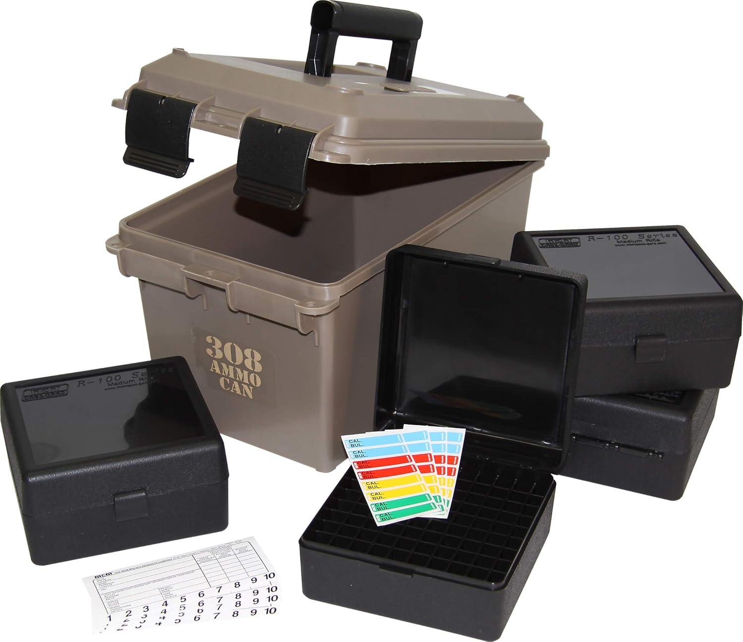 image:imageMTM ACC308 308Caliber Ammo Can with 4 RM100 Boxes Holds 400 rounds Rugged polypropylene plastic Waterresistant seal latching system Double padlock tapped for security Dark Earth