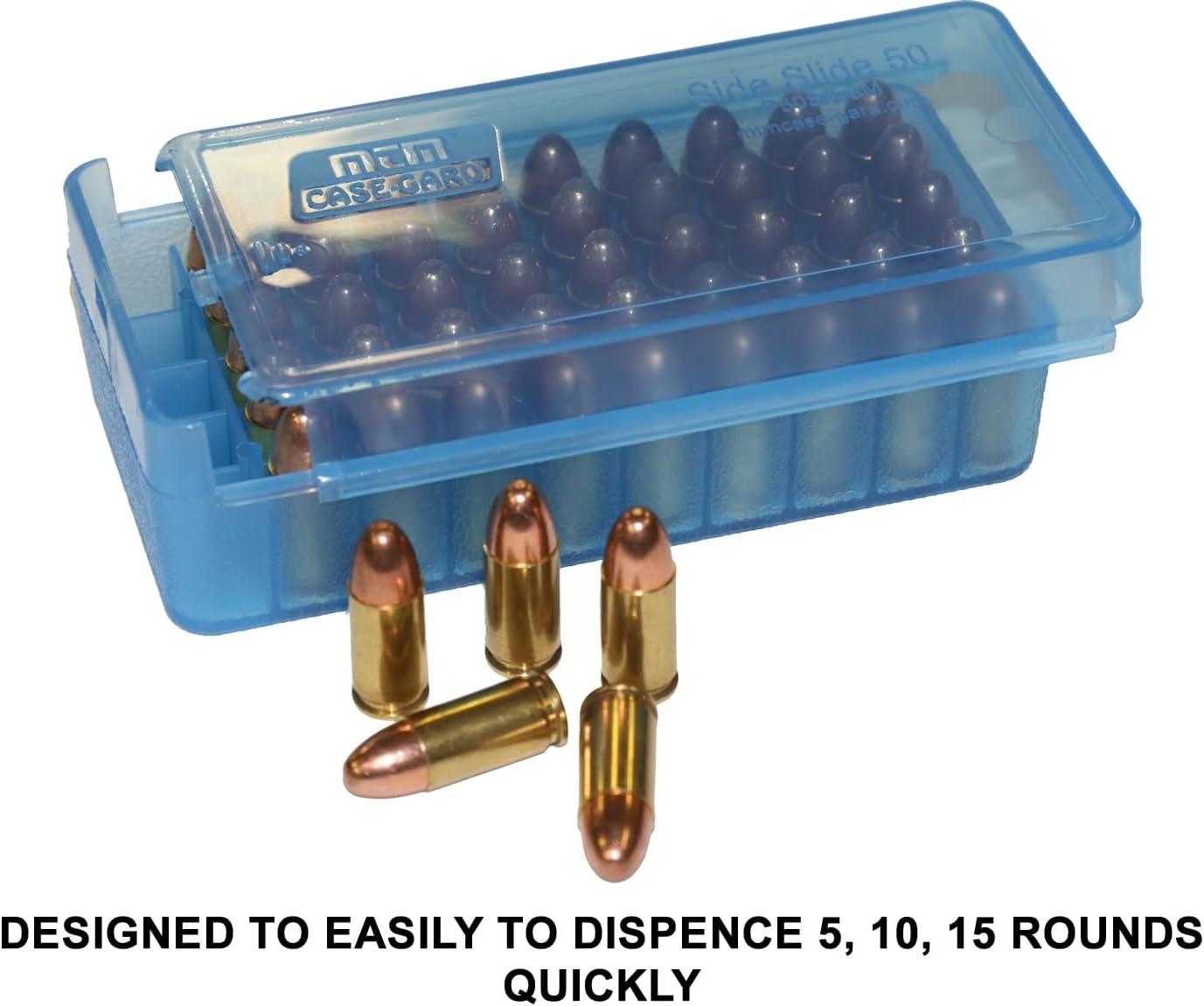 image:imageMTM CaseGard P50SS4516 Side Slide Ammo Box 50 Round 45 ACP 10mm 357 Sig 40 SampW 45 GAP 8mm Nanbu USA Made Clear GreenClear Blue