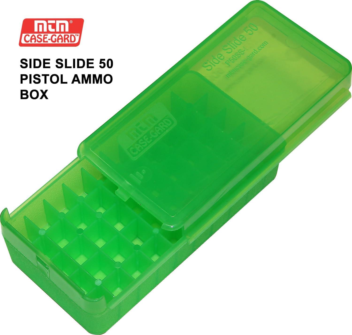 image:imageMTM CaseGard P50SS4516 Side Slide Ammo Box 50 Round 45 ACP 10mm 357 Sig 40 SampW 45 GAP 8mm Nanbu USA Made Clear GreenClear Green
