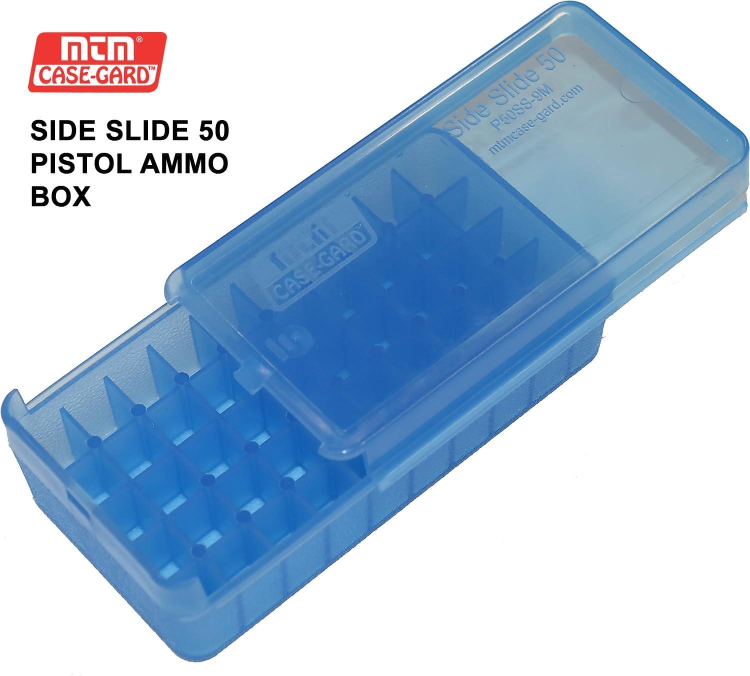 image:imageMTM CaseGard P50SS9M16 Side Slide Ammo Box 50 Round 9mm Luger 380 ACP 30 Luger 30 S Carry 32 SampW 9mm Makarov USA Made Clear GreenClear Blue