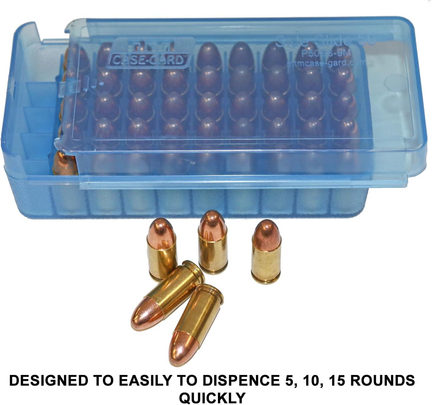 image:imageMTM CaseGard P50SS9M16 Side Slide Ammo Box 50 Round 9mm Luger 380 ACP 30 Luger 30 S Carry 32 SampW 9mm Makarov USA Made Clear GreenClear Blue