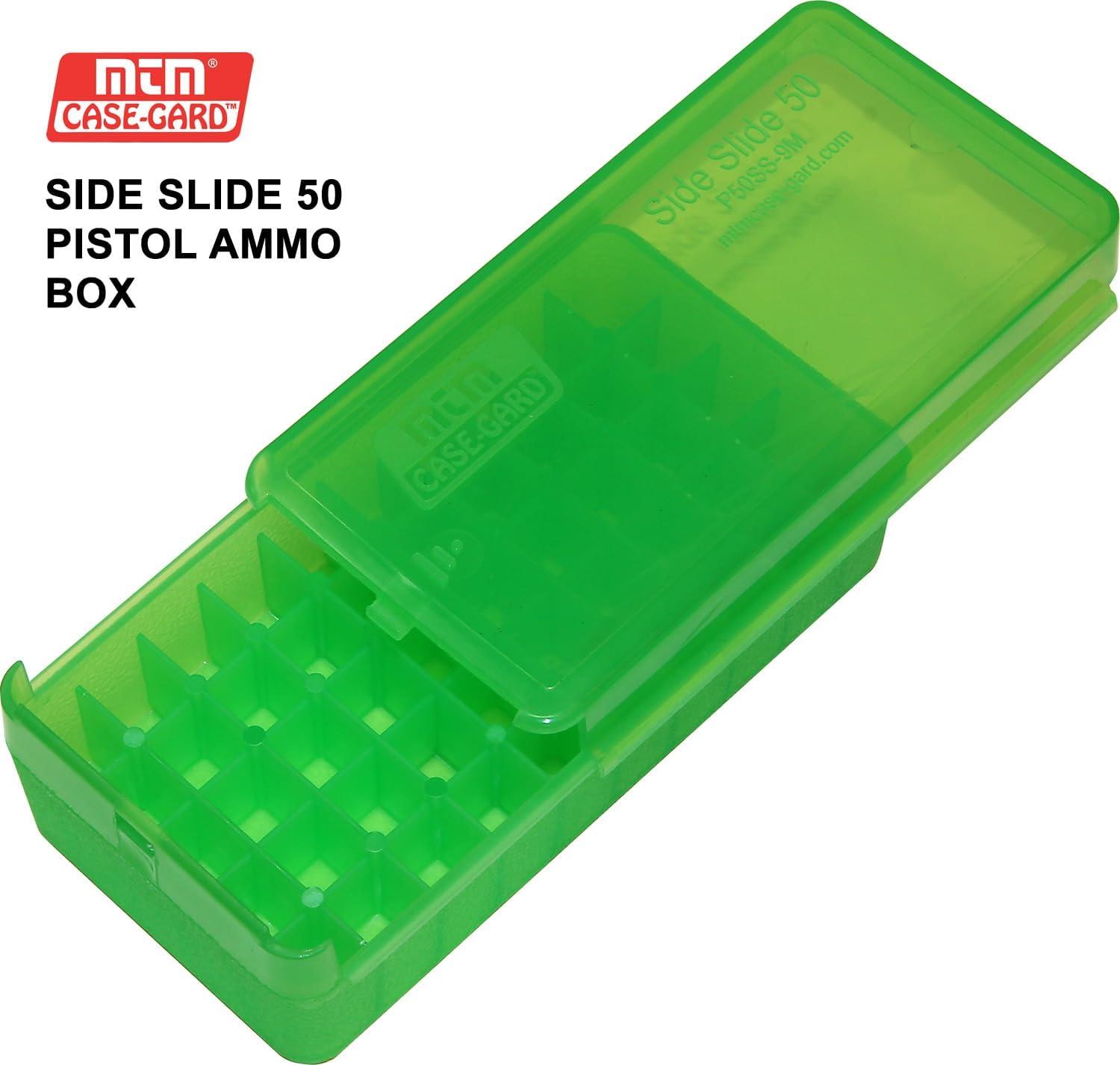 image:imageMTM CaseGard P50SS9M16 Side Slide Ammo Box 50 Round 9mm Luger 380 ACP 30 Luger 30 S Carry 32 SampW 9mm Makarov USA Made Clear GreenClear Green