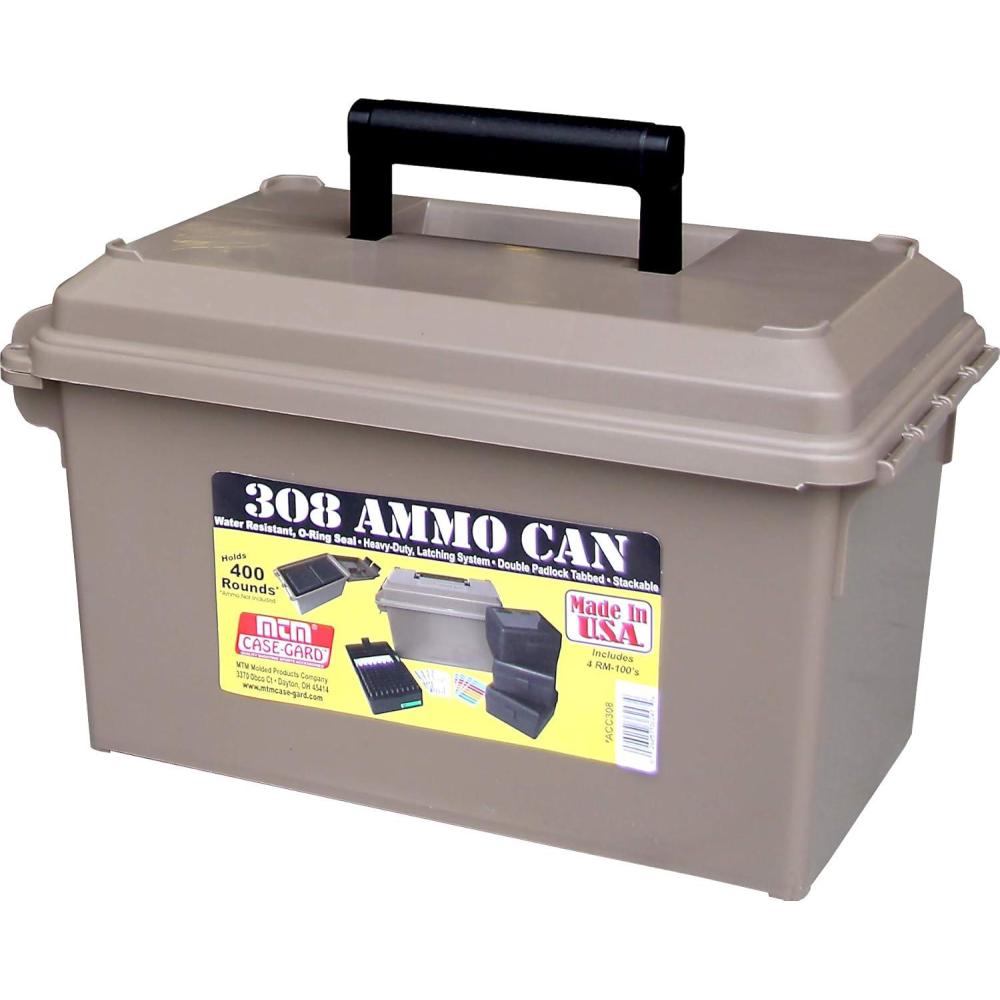 image:imageMTM ACC308 308Caliber Ammo Can with 4 RM100 Boxes Holds 400 rounds Rugged polypropylene plastic Waterresistant seal latching system Double padlock tapped for security Dark Earth
