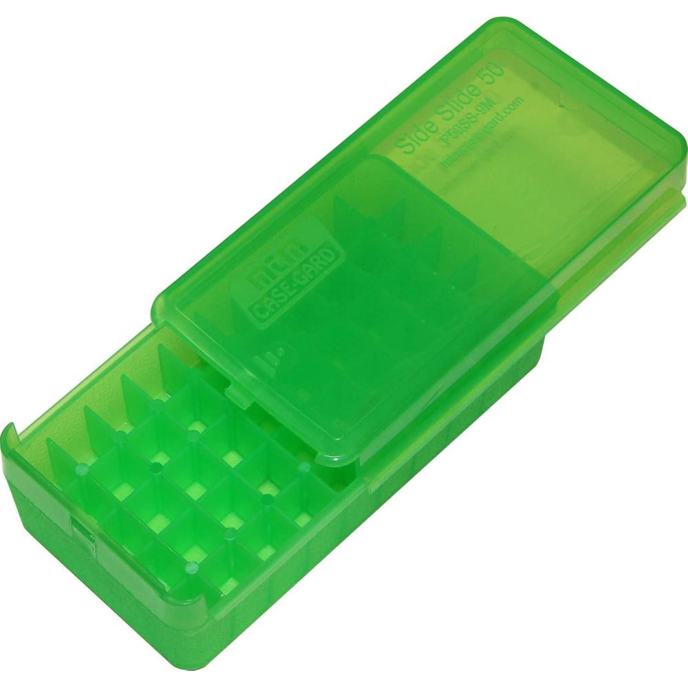 image:imageMTM CaseGard P50SS9M16 Side Slide Ammo Box 50 Round 9mm Luger 380 ACP 30 Luger 30 S Carry 32 SampW 9mm Makarov USA Made Clear GreenClear Green