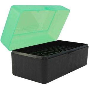 image:imageMTM 50 Round FlipTop Rifle Ammo Box WSM 4570 Clear GreenBlack