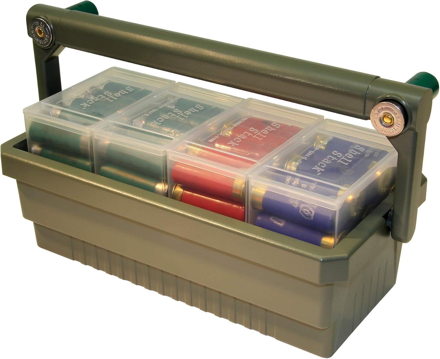 image:imageMTM SSC Shotshell Box Caddy with 4 Shell Stackers Strong comfortable handle USA Made Army Green Caddy Clear Boxes