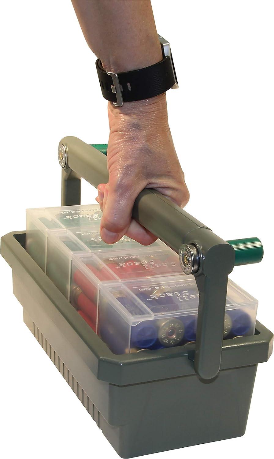 image:imageMTM SSC Shotshell Box Caddy with 4 Shell Stackers Strong comfortable handle USA Made Army Green Caddy Clear Boxes