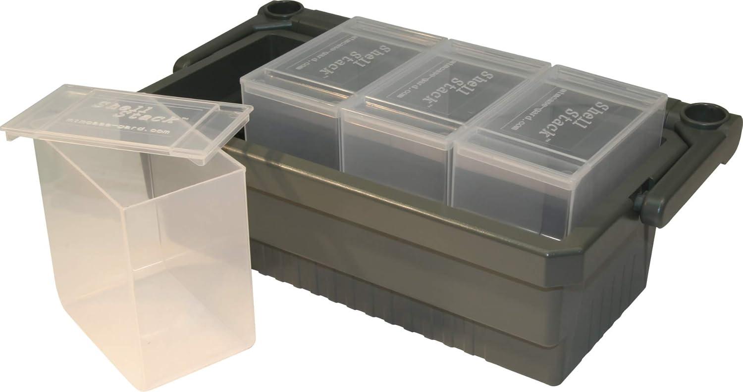 image:imageMTM SSC Shotshell Box Caddy with 4 Shell Stackers Strong comfortable handle USA Made Army Green Caddy Clear Boxes