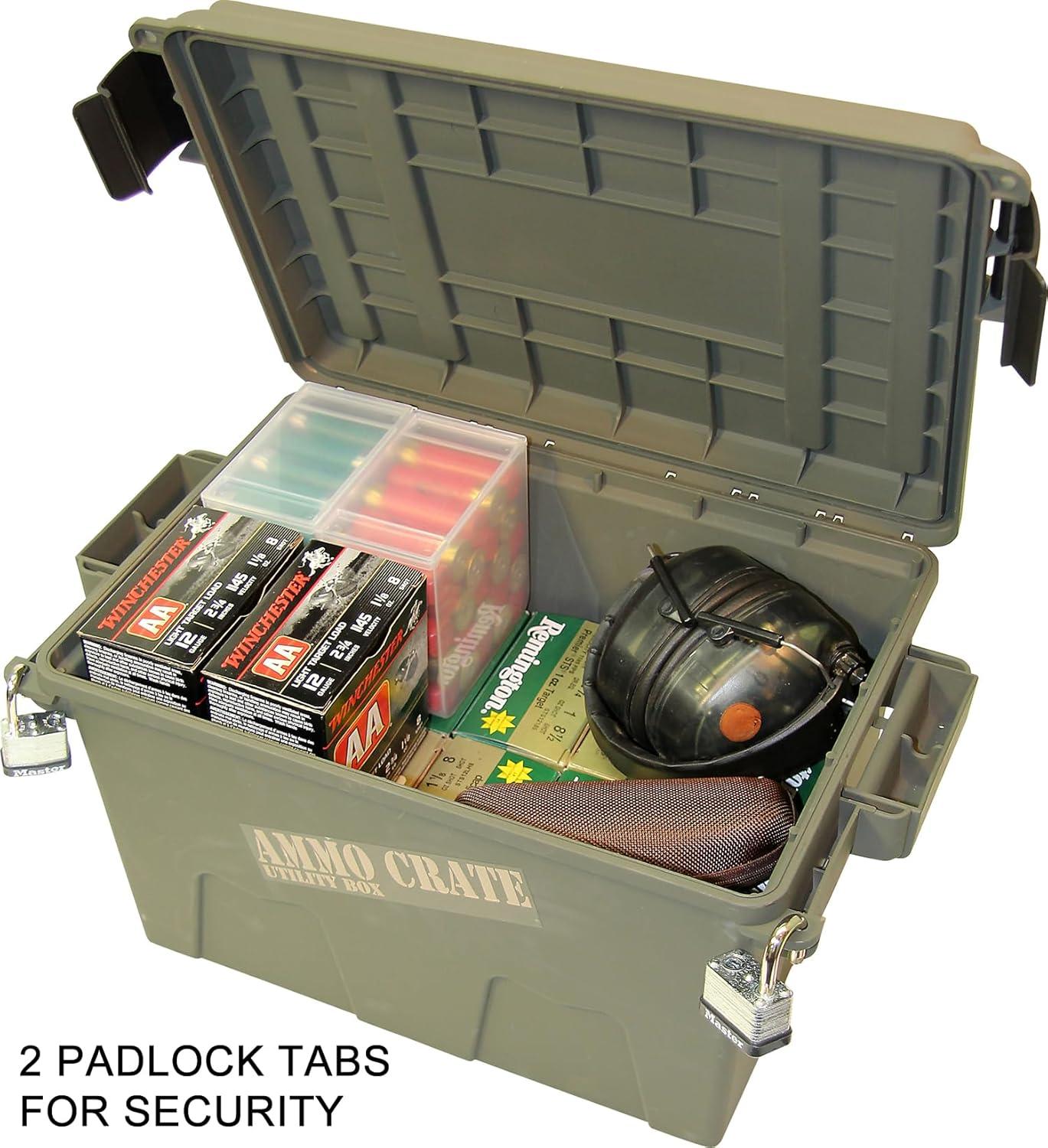 image:imageMTM ACR718 Ammo Crate Utility Box Ammo survival or hunting gear storage ORing seal for water resistant dry storage Double padlock tabbed for security Carries 65lbs of gear Army Green
