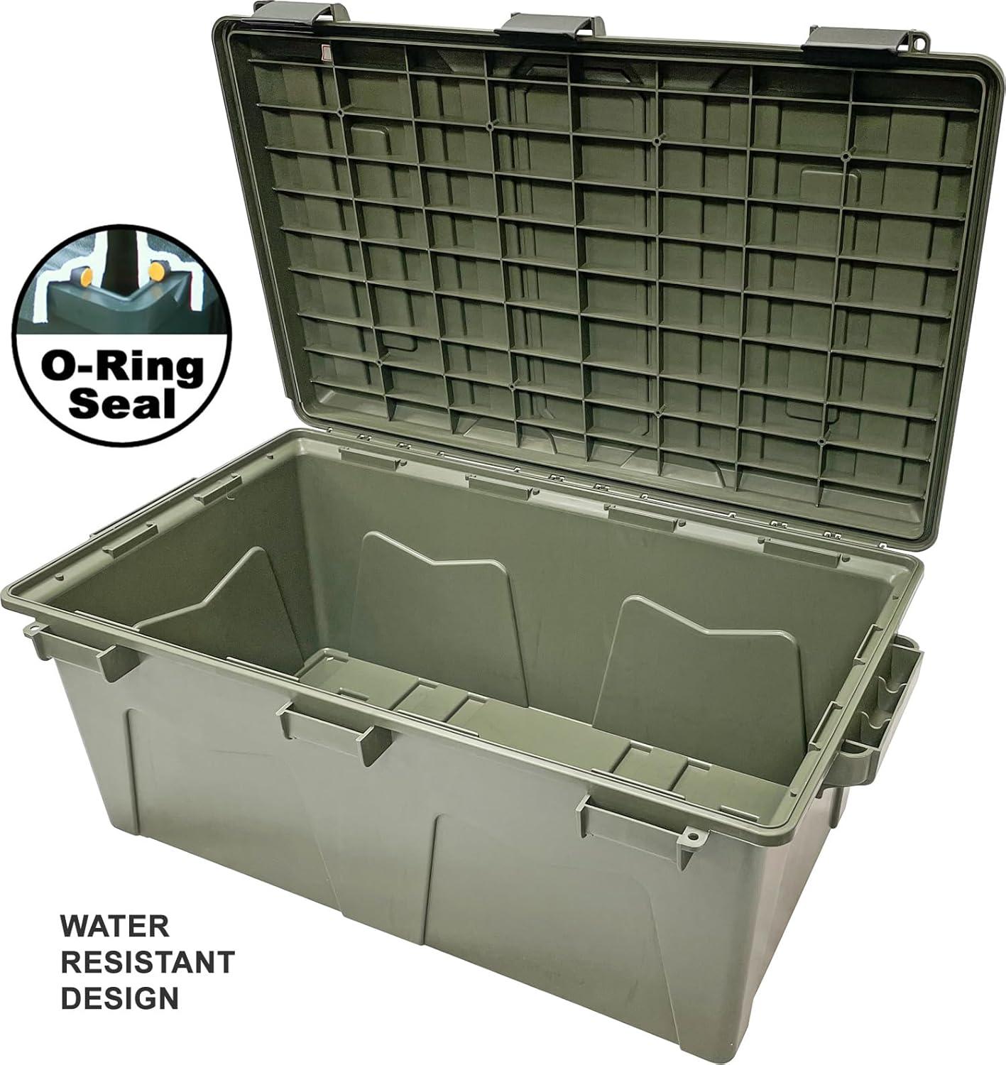 image:imageMTM ACRG18 Gear Crate Utility Box Water Resistant Gear Dry Storage Box for the Field Lockable Dry Storage Case 52 Quart Stackable Secures Hunting Shooting Gear 101 Uses USA Made Army Green